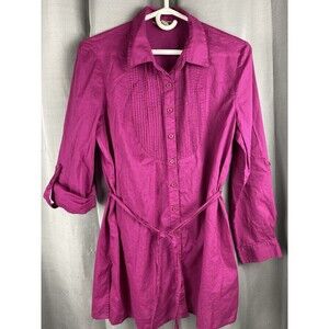 White Stag Womens Sz L Pink Fuchsia Button Down Roll Tab Sleeve Dressy Top